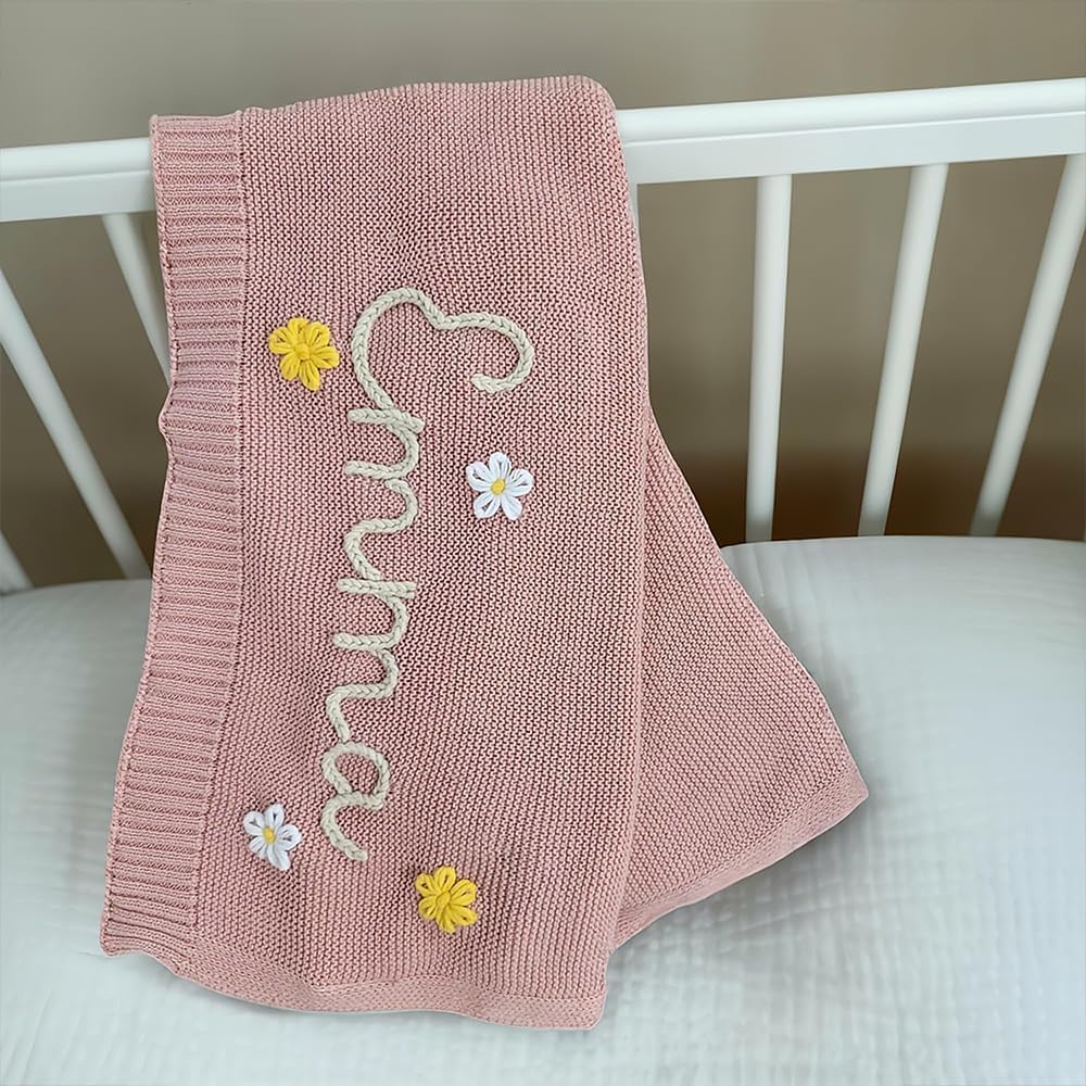 Luxury Personalized Name Baby Blanket, Hand-Embroidered Name Baby Blanket, Soft Breathable Cotton Knit Kids Blankets, Newborn Kid Gift, New Mom Gifts, Newborn Kids Girl & Boy Gift 10