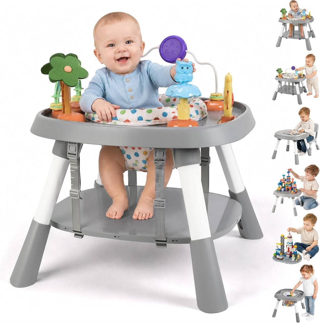 6-in-1 Baby Activity Center Stationary Standing Activity Table Light White | Grows 6-12-36M! 4-Stage Montessori Secure-Snap Toys & Hidden Storage. Enjoy 20-min Coffee Time While Toddler Plays Safely.