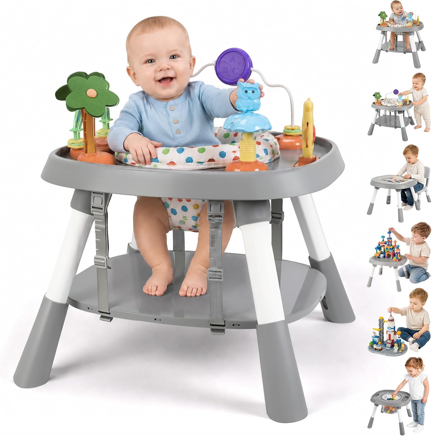 6-in-1 Baby Activity Center Stationary Standing Activity Table Light White | Grows 6-12-36M! 4-Stage Montessori Secure-Snap Toys & Hidden Storage. Enjoy 20-min Coffee Time While Toddler Plays Safely.