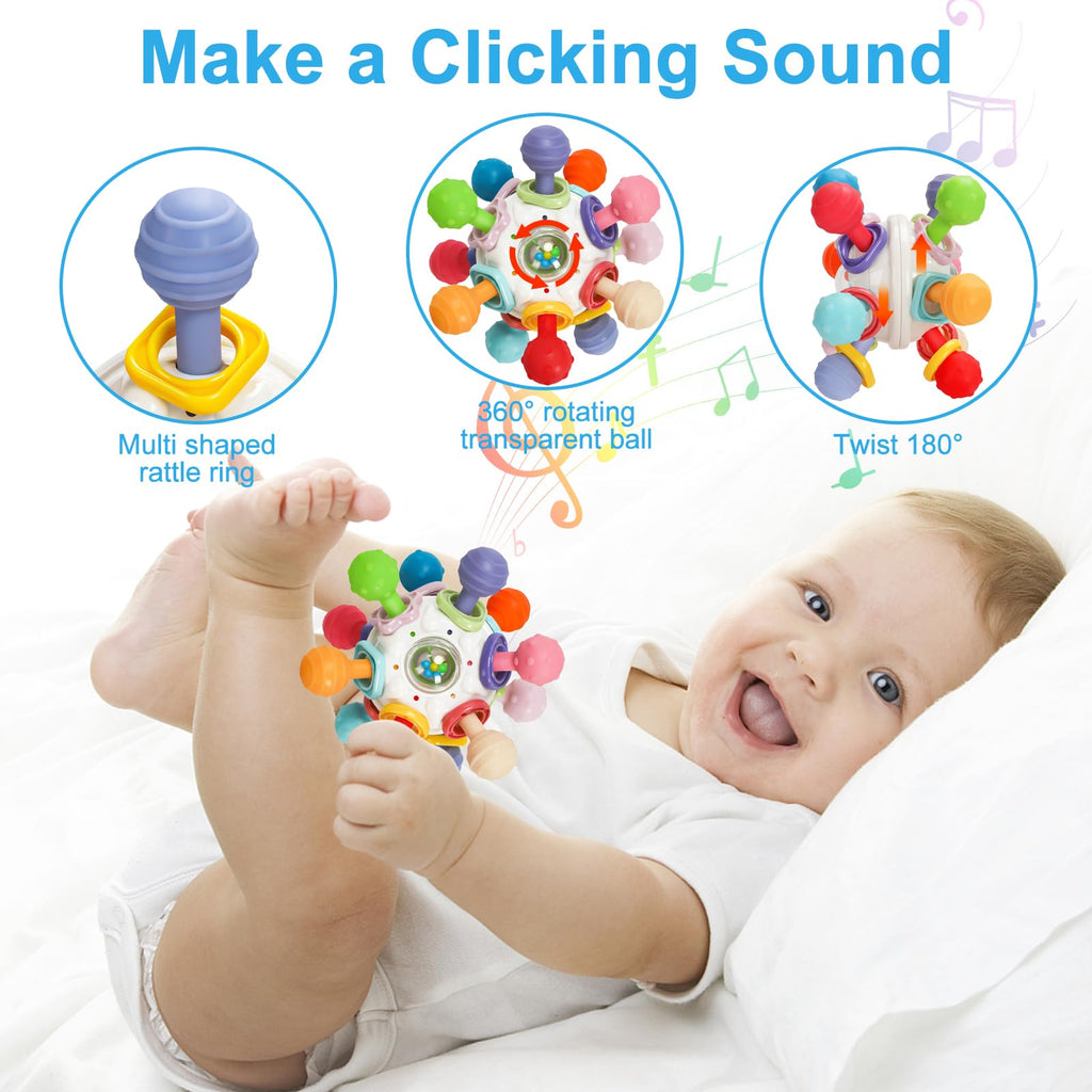 Baby Montessori Sensory Teething Toy 0-6 6-12 Months, Teether Ball & Rattle | 12 Textured Silicone Teething Ball, BPA Free, Easy to Hold, Infant Developmental Toys for 3 6 9 12 Months, Newborn Gifts