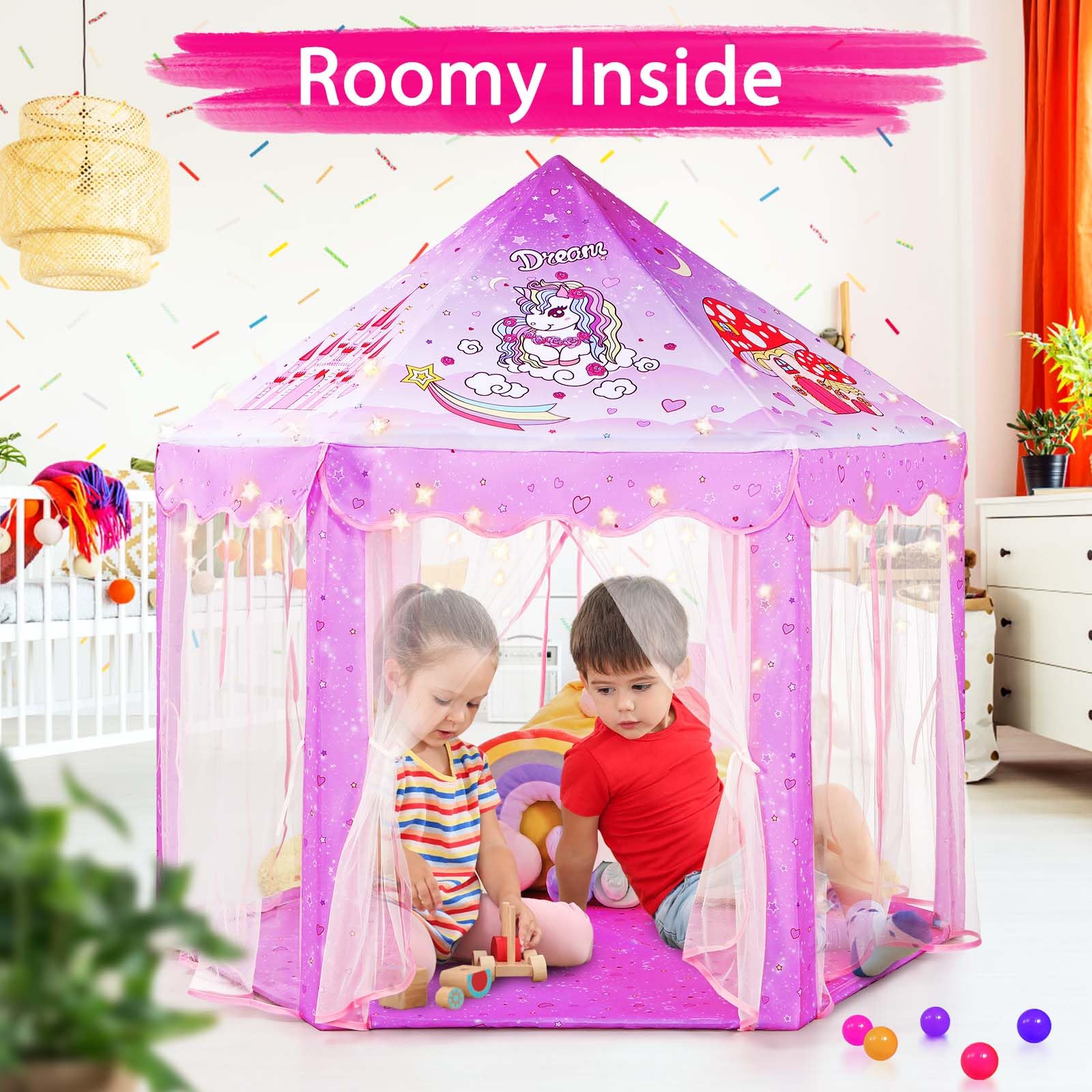 Princess Tent Girls Large Playhouse Kids Castle Play Tent with Star Lights Toy for Children Indoor and Outdoor Games, 55'' x 53'' (DxH)