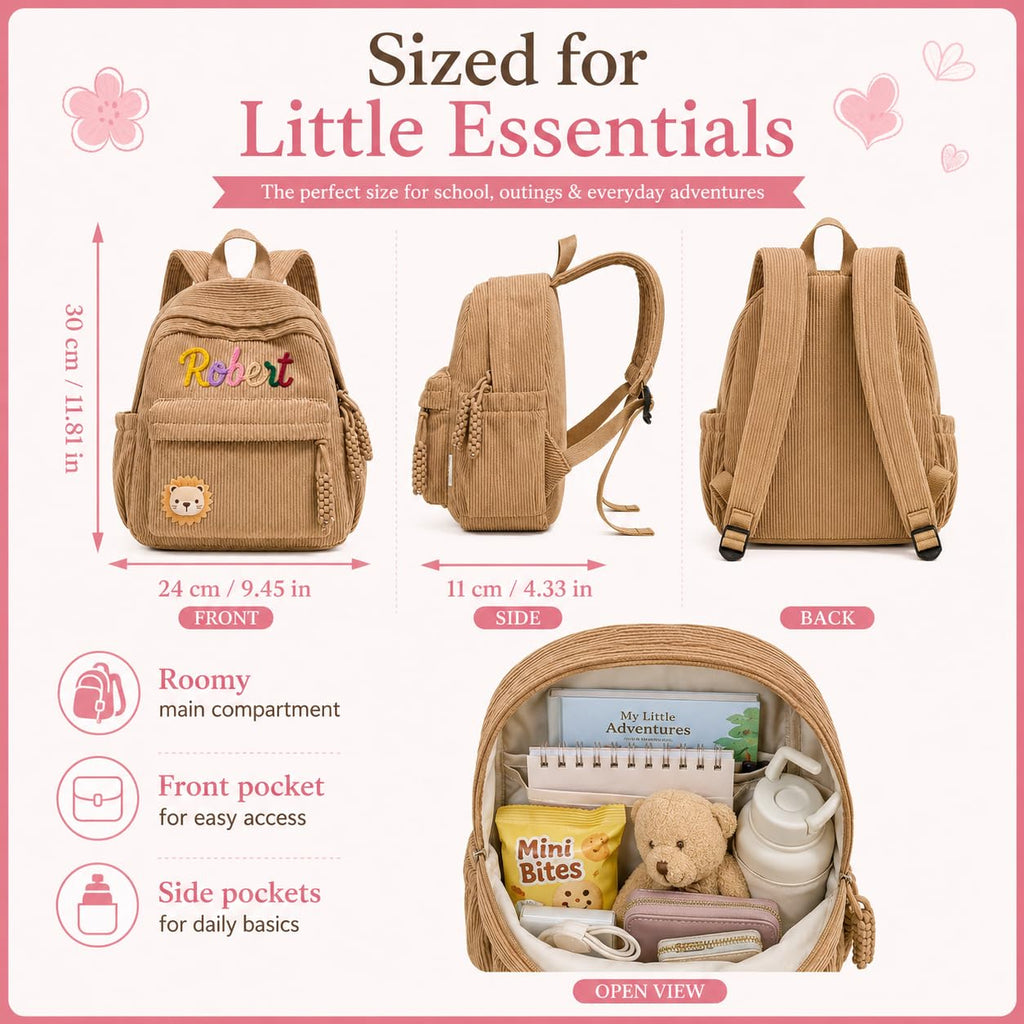 Personalized Kids Backpack, Custom Corduroy Backpack with Cotton Rope Name | Toddler Backpack for Girls Boys, Daycare Preschool Kindergarten Bag, Optional Lunch Bag & Pencil Case, Back to School Gift