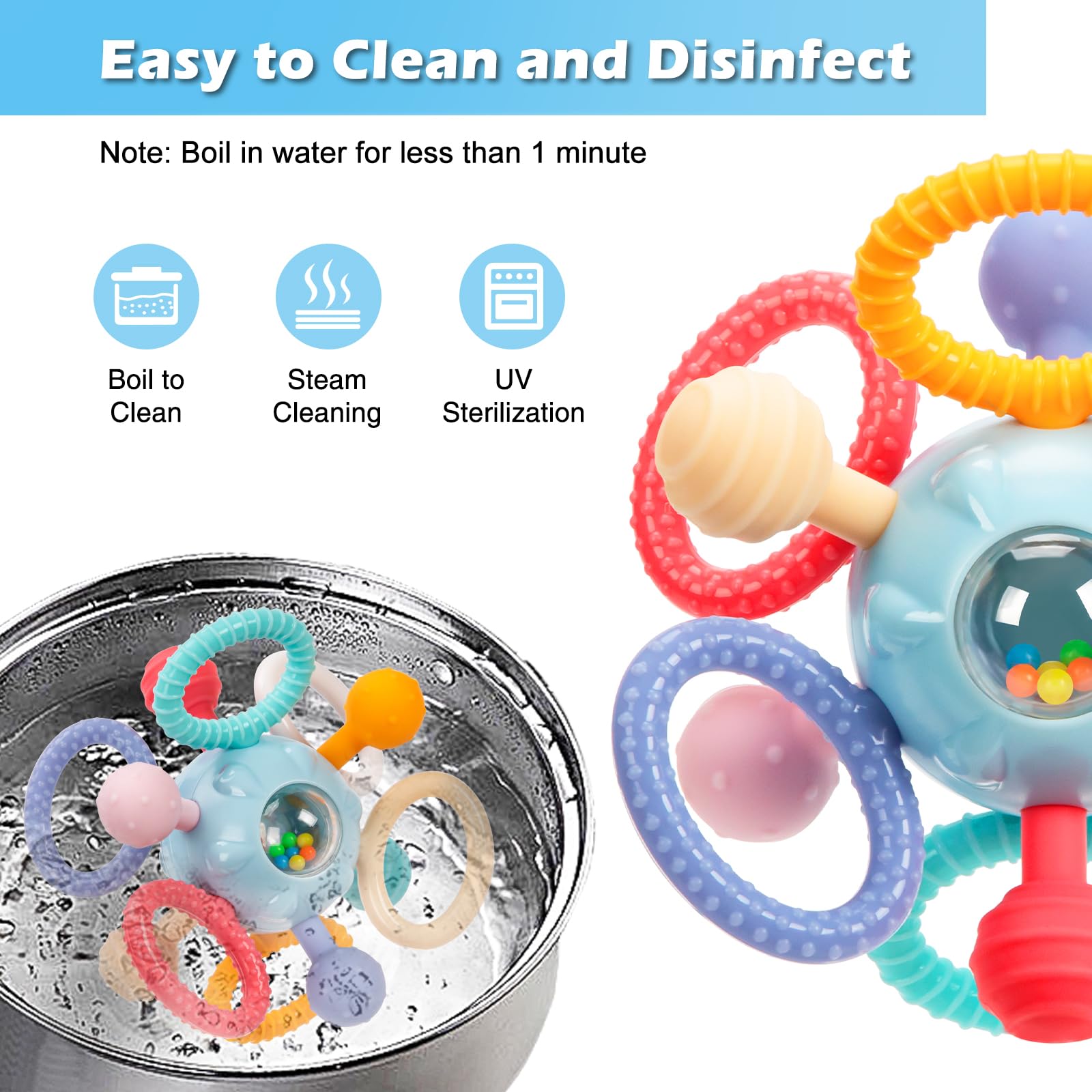 Baby Montessori Sensory Teething Toy 0-6 6-12 Months, Teether Ball & Rattle | 12 Textured Silicone Teething Ball, BPA Free, Easy to Hold, Infant Developmental Toys for 3 6 9 12 Months, Newborn Gifts