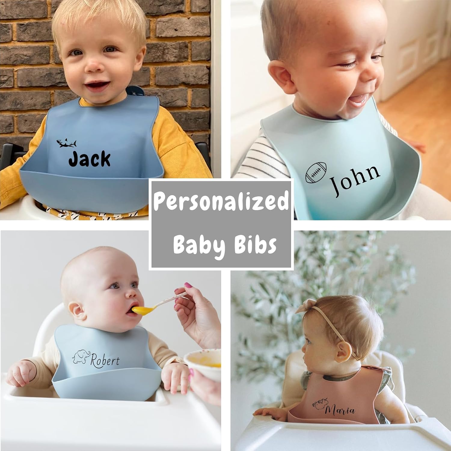 FCQIANKM Personalized Silicone Baby Bibs Spoon and Fork Set with Name Icon Custom Toddler Bibs Personalized Baby Gifts
