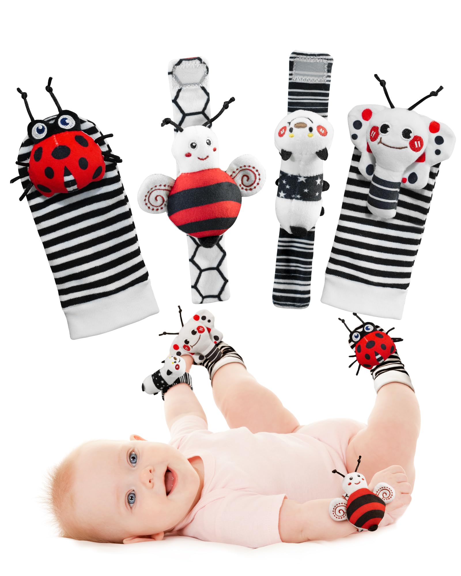 Infinno Wrist Rattles and Foot Finder Socks Set, Baby Toys for 0-12 Months | Soft crinkle textures, encourages reaching and kicking, garden bug characters, newborn shower gift, boys and girls