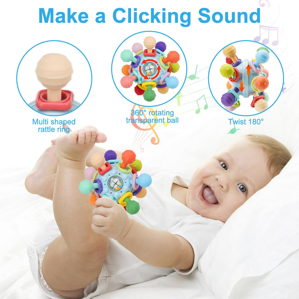 Baby Montessori Sensory Teething Toy 0-6 6-12 Months, Teether Ball & Rattle | 12 Textured Silicone Teething Ball, BPA Free, Easy to Hold, Infant Developmental Toys for 3 6 9 12 Months, Newborn Gifts