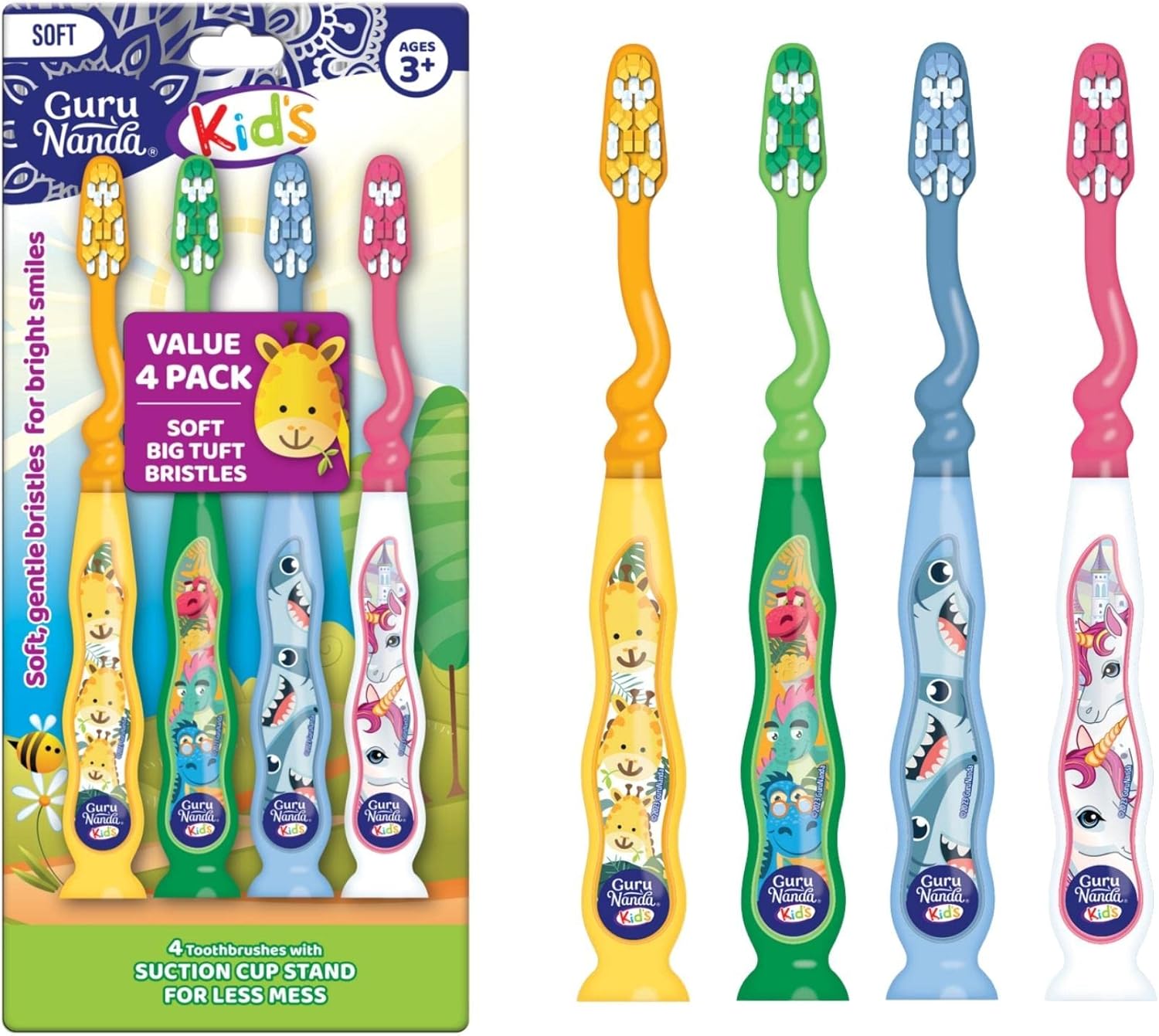 GuruNanda Kids Toothbrush with Suction Cup & Fun Animal Designs - Soft Bristles for Healthy Gums- Non-Slippery & Mess-Free Toothbrush, 3+ Age- 4 Count