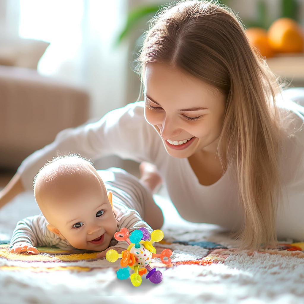 Baby Montessori Sensory Teething Toy 0-6 6-12 Months, Teether Ball & Rattle | 12 Textured Silicone Teething Ball, BPA Free, Easy to Hold, Infant Developmental Toys for 3 6 9 12 Months, Newborn Gifts