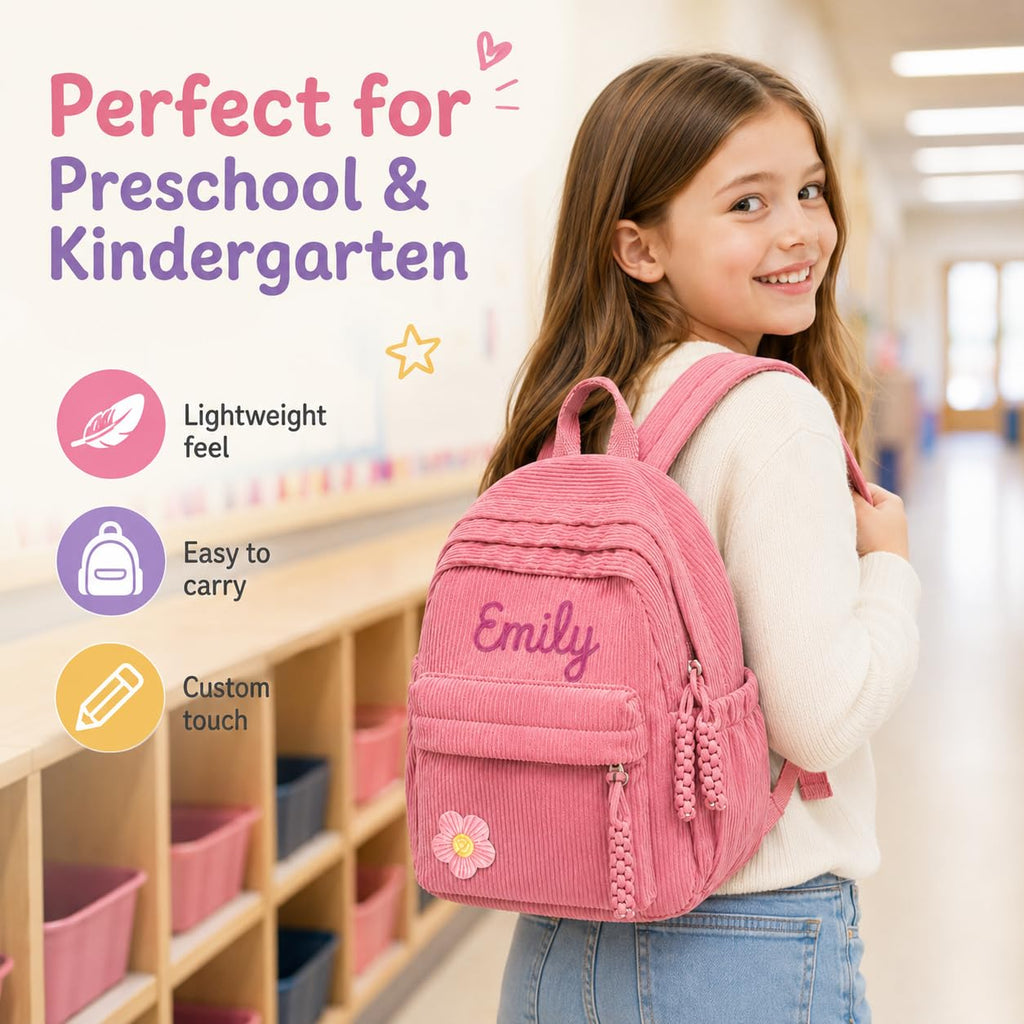 Personalized Kids Backpack, Custom Corduroy Backpack with Cotton Rope Name | Toddler Backpack for Girls Boys, Daycare Preschool Kindergarten Bag, Optional Lunch Bag & Pencil Case, Back to School Gift
