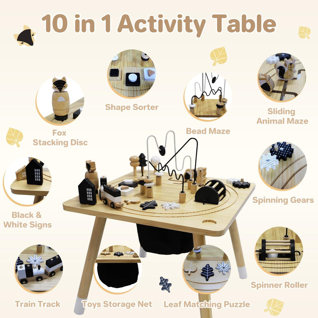 Wooden Montessori Activity Table for Toddlers 1-3, Kids Play Sensory Toy Table, Activity Center with Bead Maze, Shape Sorter, Train Track, Educational Learning Toys for Girls Boys