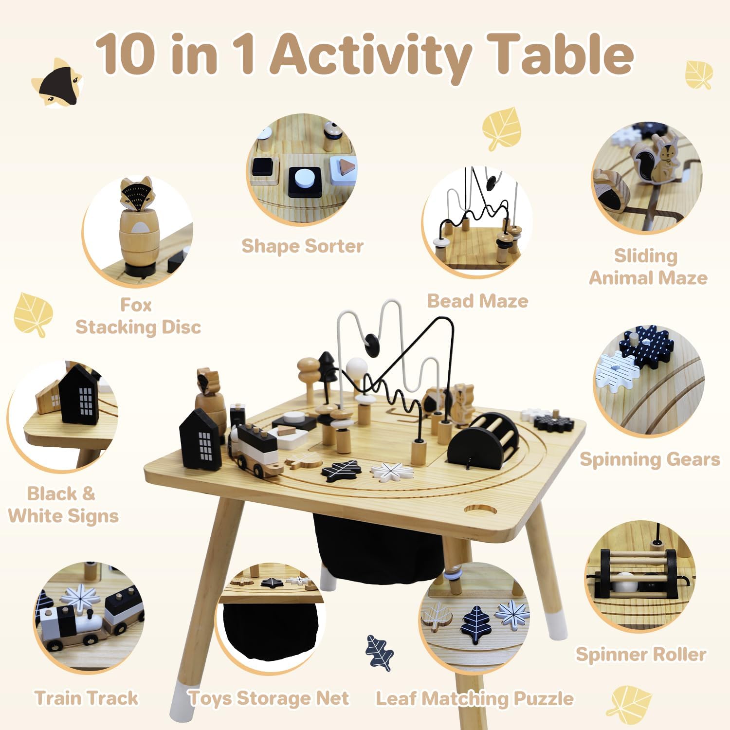 Wooden Montessori Activity Table for Toddlers 1-3, Kids Play Sensory Toy Table, Activity Center with Bead Maze, Shape Sorter, Train Track, Educational Learning Toys for Girls Boys