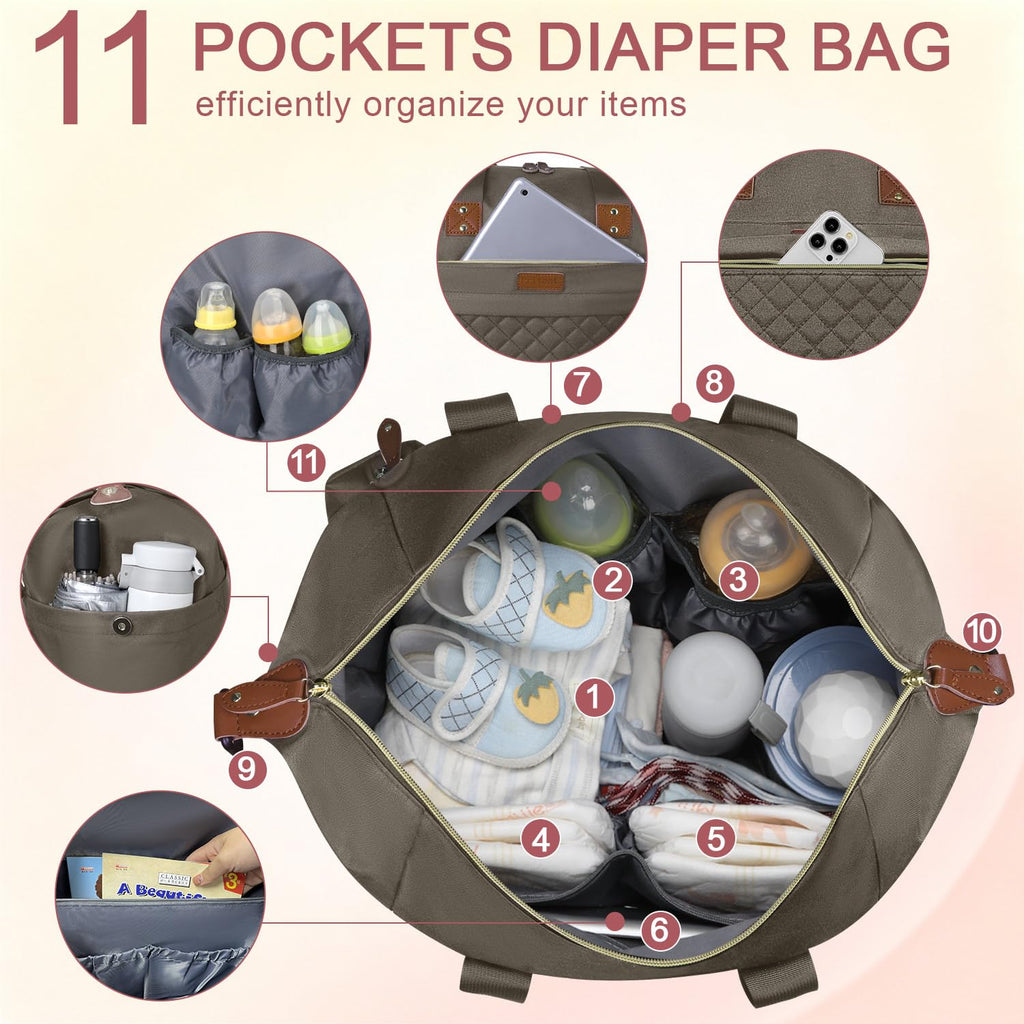 Pritent Diaper Bag Tote Waterproof Maternity Baby Bags with Pacifier Case | M-Black,Removable Shoulder Strap, Stroller Clips,Insulated Pocket,for Mom & Dad, Travel, Maternity, Labor and Delivery
