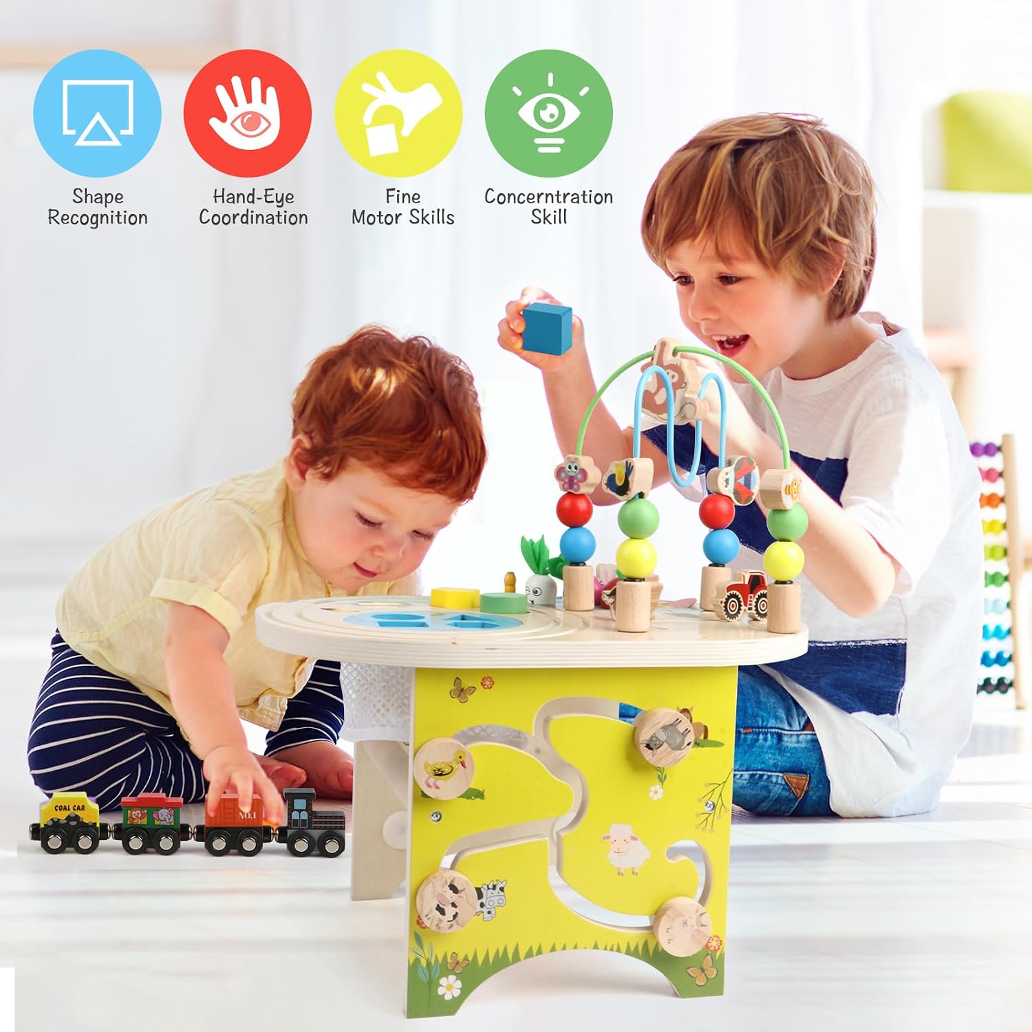 Activity Table for 1 Year Old Montessori Educational Learning Toys for 1 2 Year Old Girls Boys Toddlers Baby 12-18 Months 1st First Birthday Gifts 10 in 1 Wooden Bead Maze Sensory Center Toys