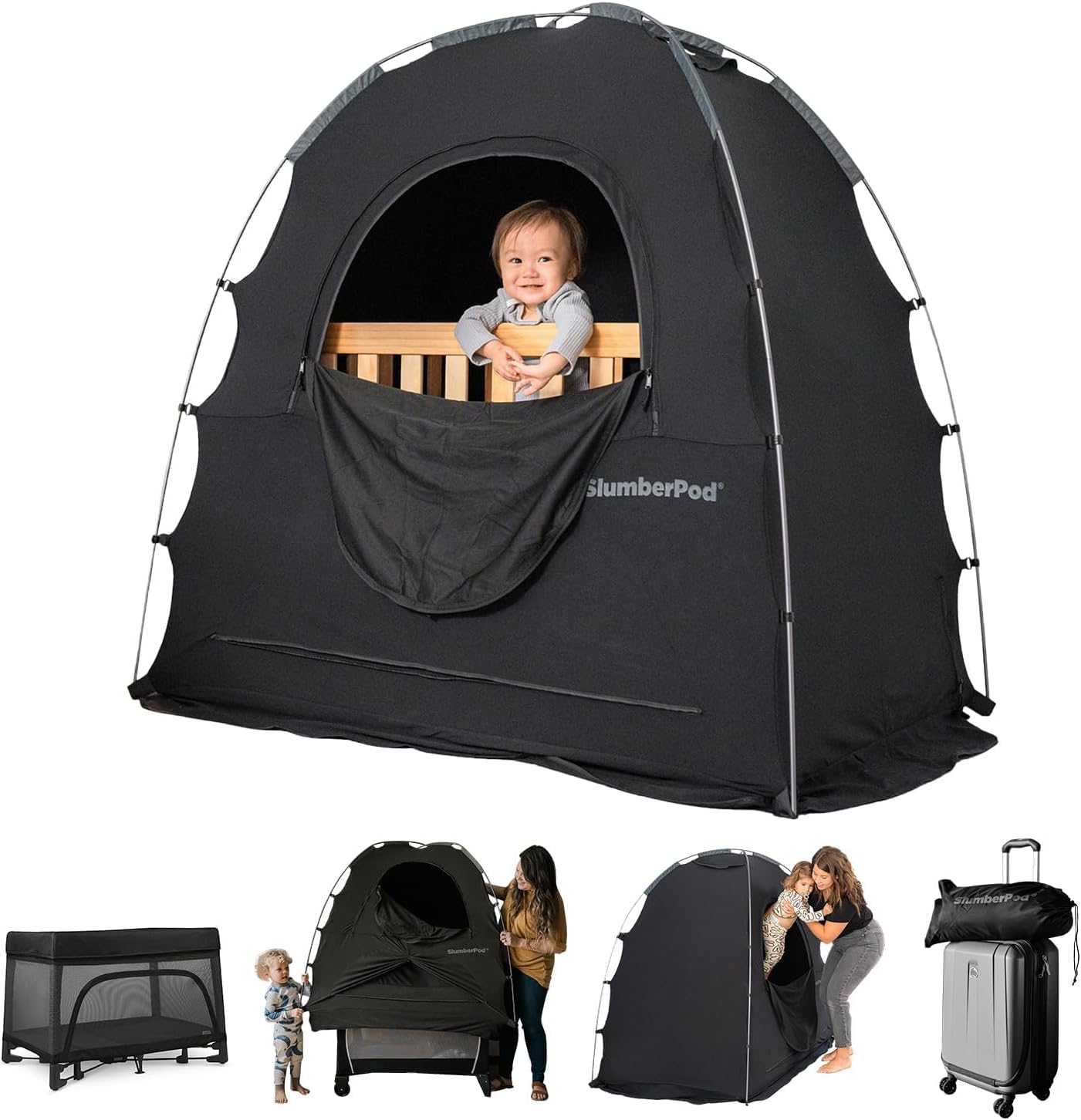 SlumberPod The Original Blackout Sleep Tent for Pack N Play & Mini Crib | Sleep Pod for Babies & Toddlers, Blocks 99% Light, Includes Monitor & Fan Pouches, Bottomless, Shark Tank Featured, Black