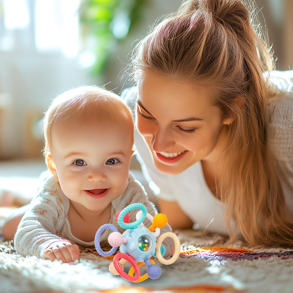 Baby Montessori Sensory Teething Toy 0-6 6-12 Months, Teether Ball & Rattle | 12 Textured Silicone Teething Ball, BPA Free, Easy to Hold, Infant Developmental Toys for 3 6 9 12 Months, Newborn Gifts