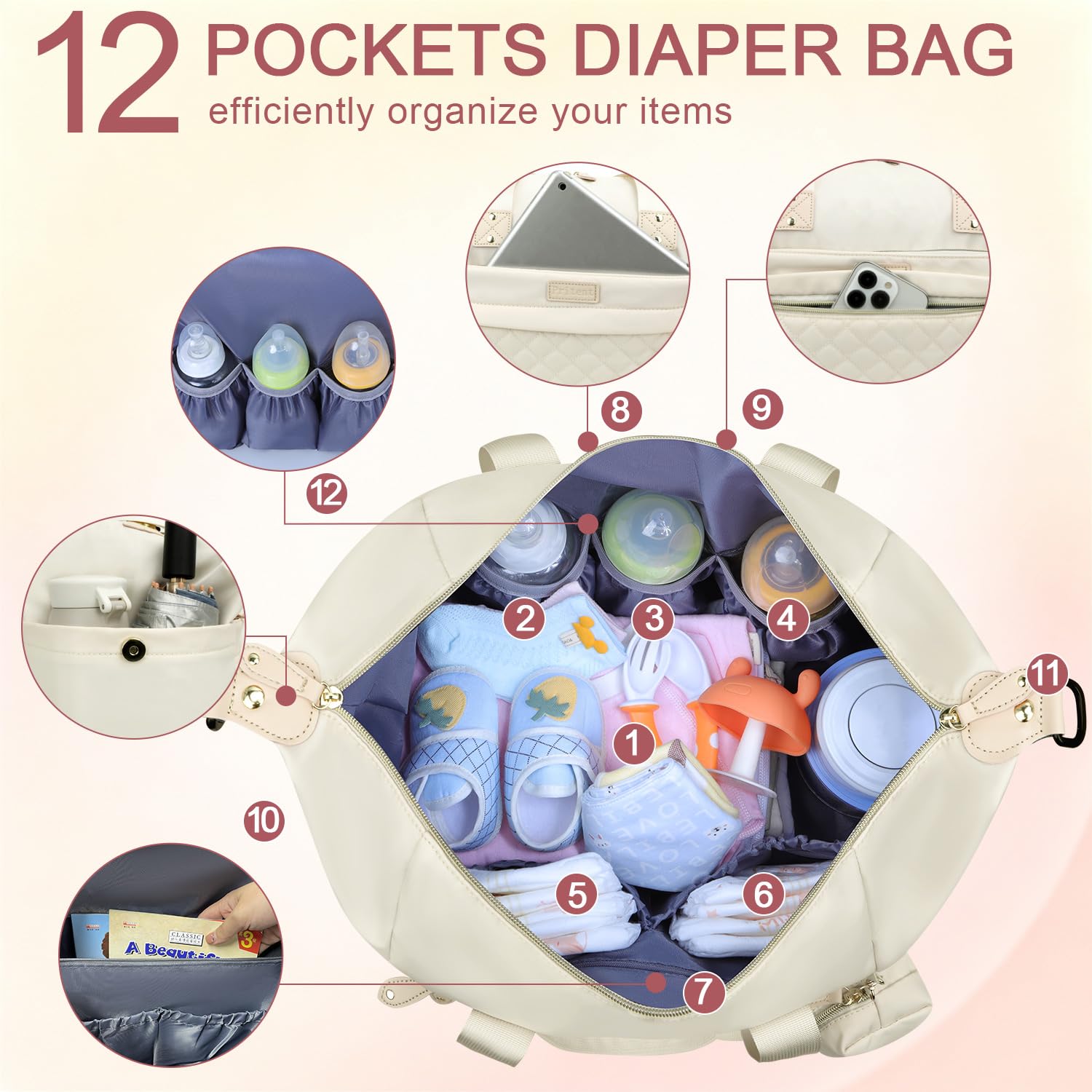 Pritent Diaper Bag Tote Waterproof Maternity Baby Bags with Pacifier Case | M-Black,Removable Shoulder Strap, Stroller Clips,Insulated Pocket,for Mom & Dad, Travel, Maternity, Labor and Delivery