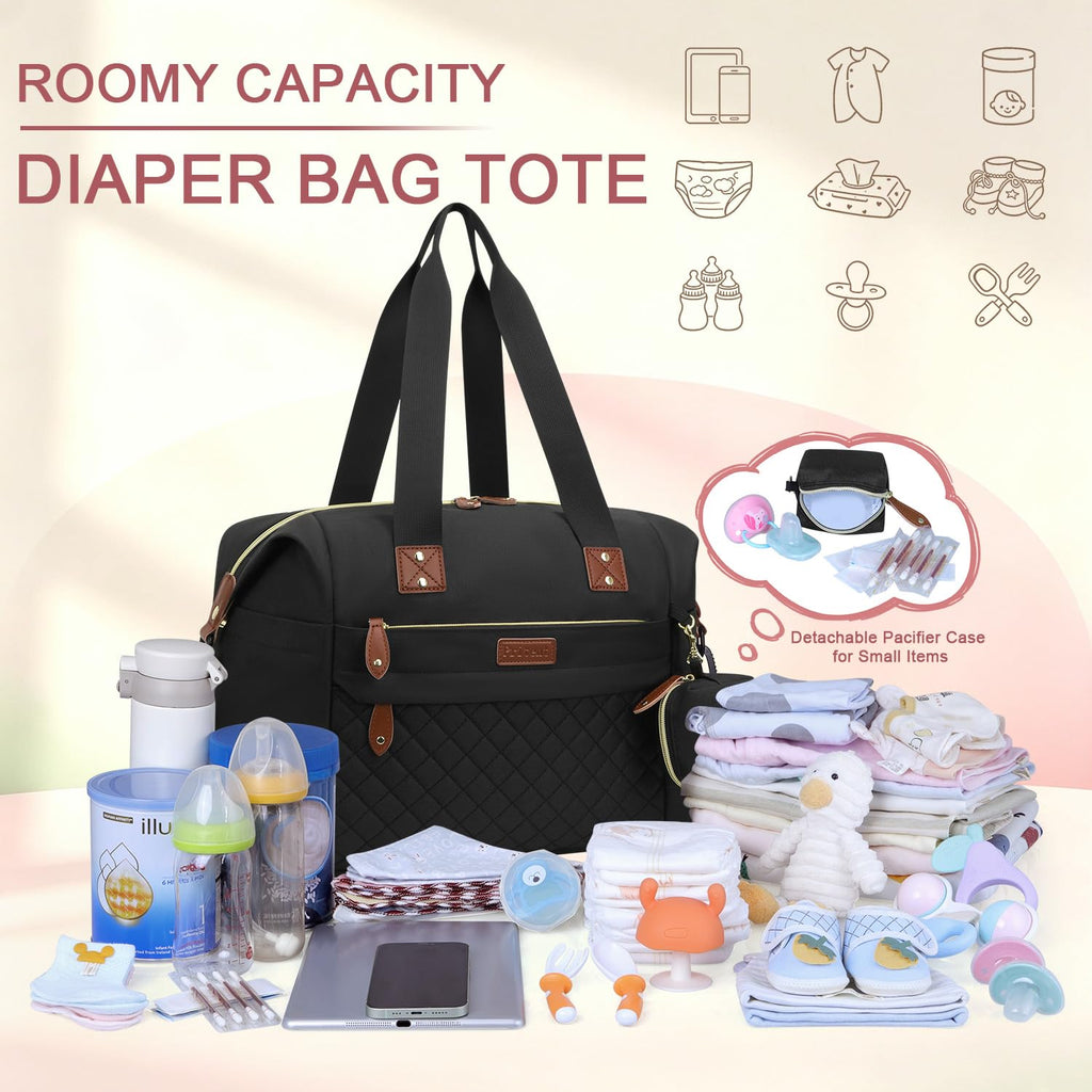 Pritent Diaper Bag Tote Waterproof Maternity Baby Bags with Pacifier Case | M-Black,Removable Shoulder Strap, Stroller Clips,Insulated Pocket,for Mom & Dad, Travel, Maternity, Labor and Delivery