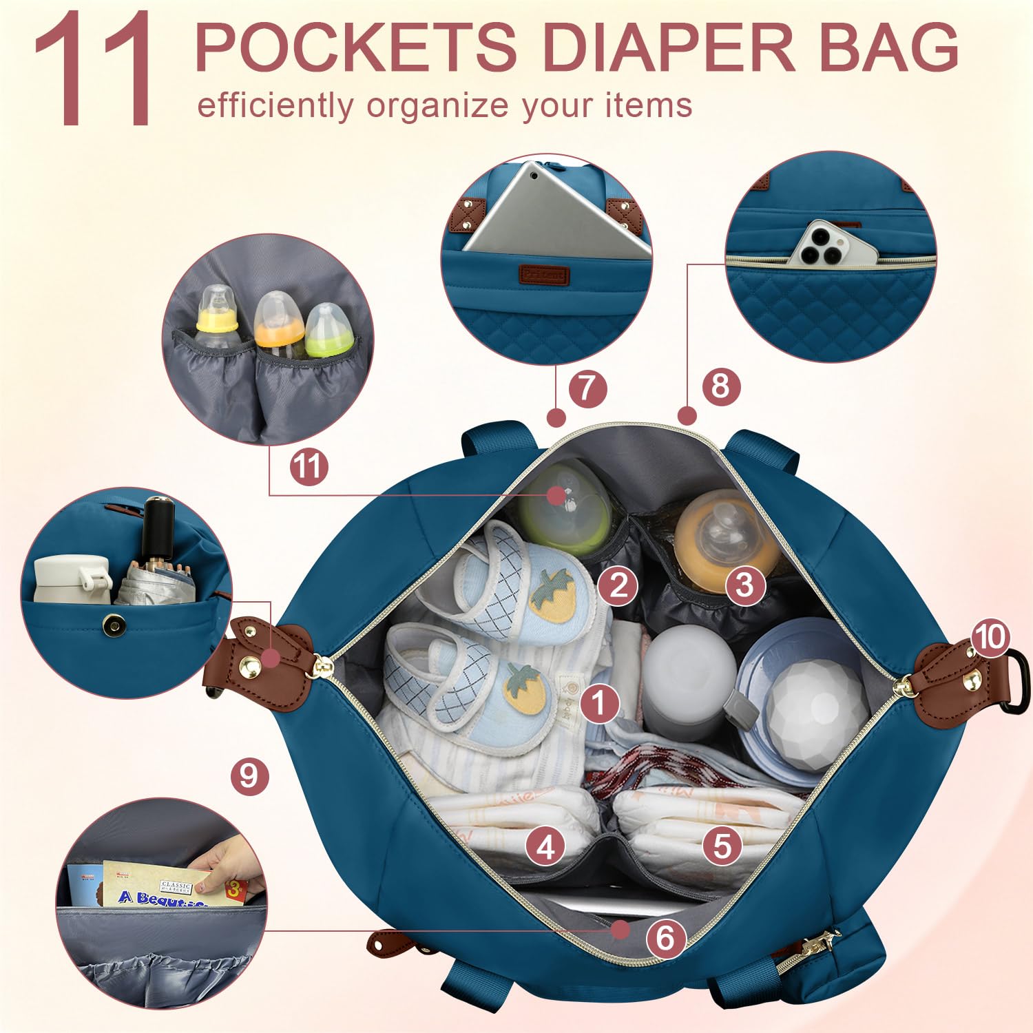 Pritent Diaper Bag Tote Waterproof Maternity Baby Bags with Pacifier Case | M-Black,Removable Shoulder Strap, Stroller Clips,Insulated Pocket,for Mom & Dad, Travel, Maternity, Labor and Delivery