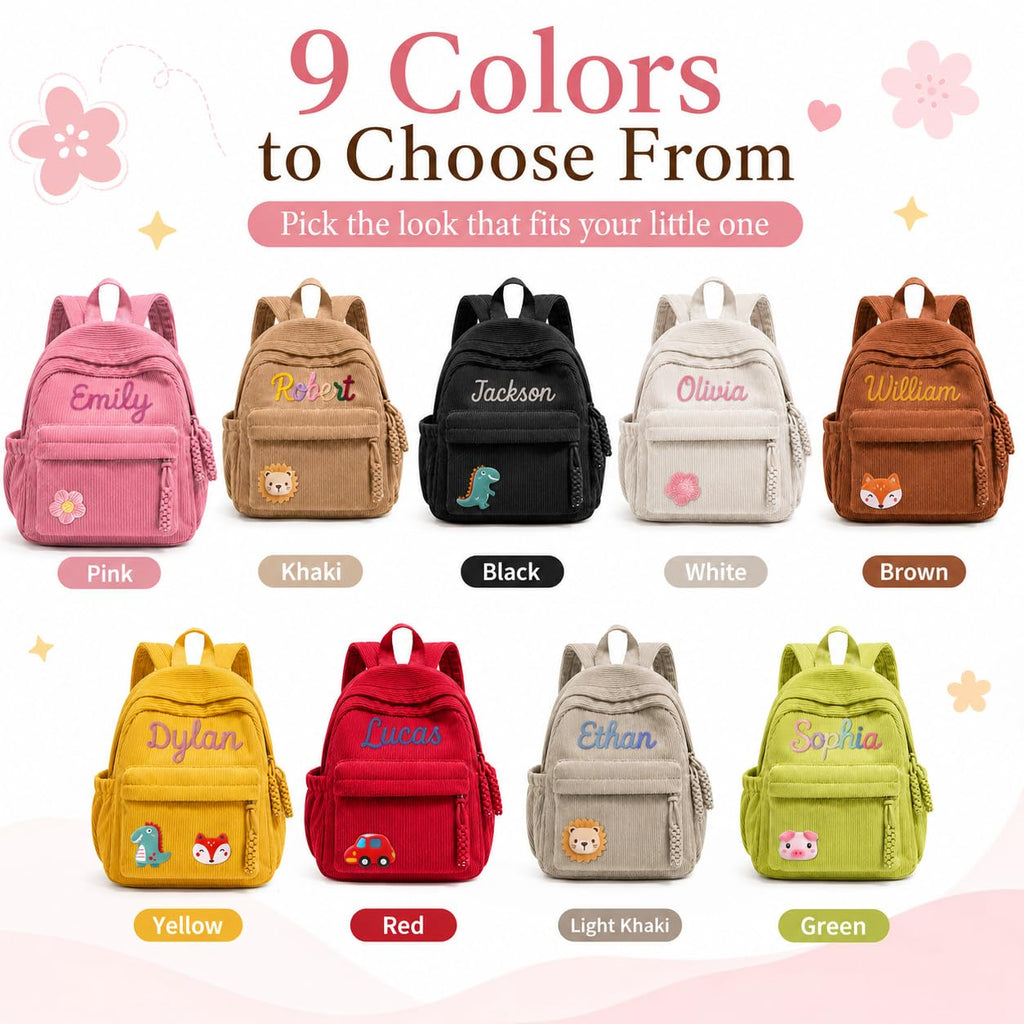 Personalized Kids Backpack, Custom Corduroy Backpack with Cotton Rope Name | Toddler Backpack for Girls Boys, Daycare Preschool Kindergarten Bag, Optional Lunch Bag & Pencil Case, Back to School Gift