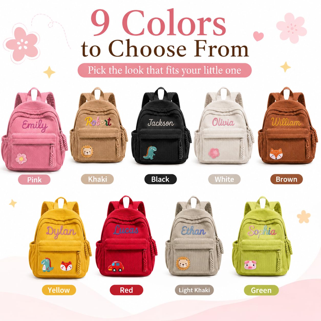 Personalized Kids Backpack, Custom Corduroy Backpack with Cotton Rope Name | Toddler Backpack for Girls Boys, Daycare Preschool Kindergarten Bag, Optional Lunch Bag & Pencil Case, Back to School Gift