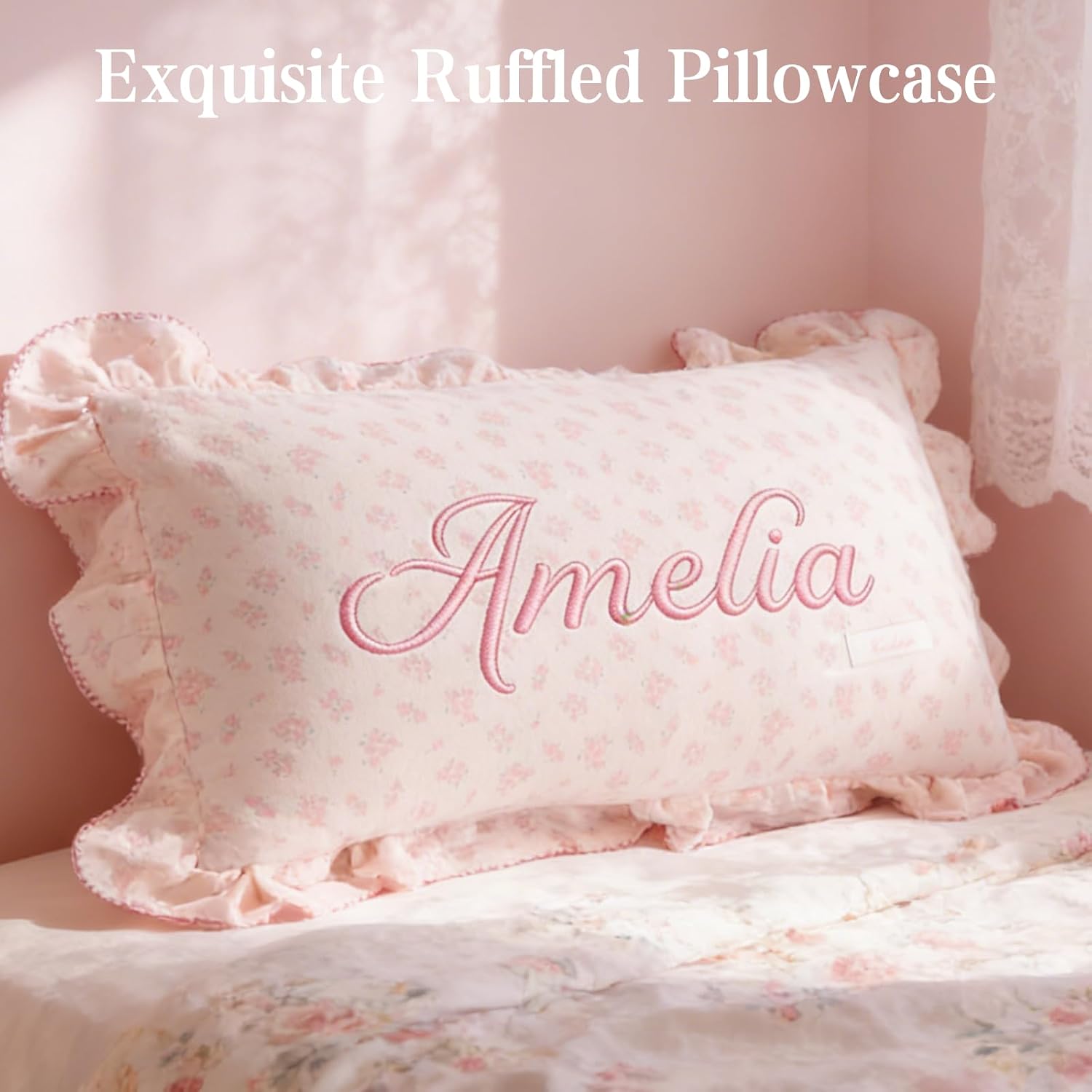 Personalized Embroidered Muslin Toddler Pillowcase with Custom Name | 100% Cotton Ruffle Edge Baby Pillows Cover, Monogram Soft Pillow Case 12"x20" with Envelope Closure Gifts for Kids Boy Girls