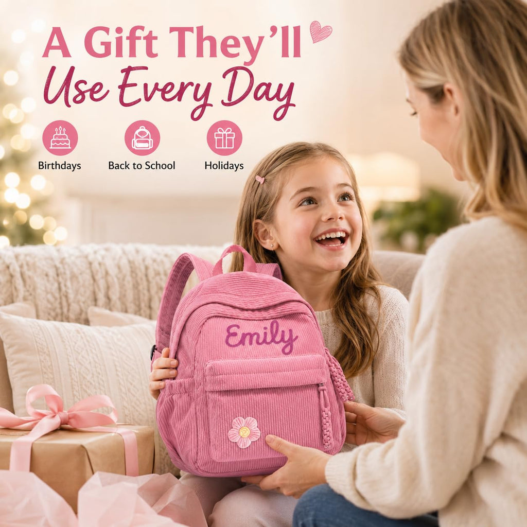 Personalized Kids Backpack, Custom Corduroy Backpack with Cotton Rope Name | Toddler Backpack for Girls Boys, Daycare Preschool Kindergarten Bag, Optional Lunch Bag & Pencil Case, Back to School Gift