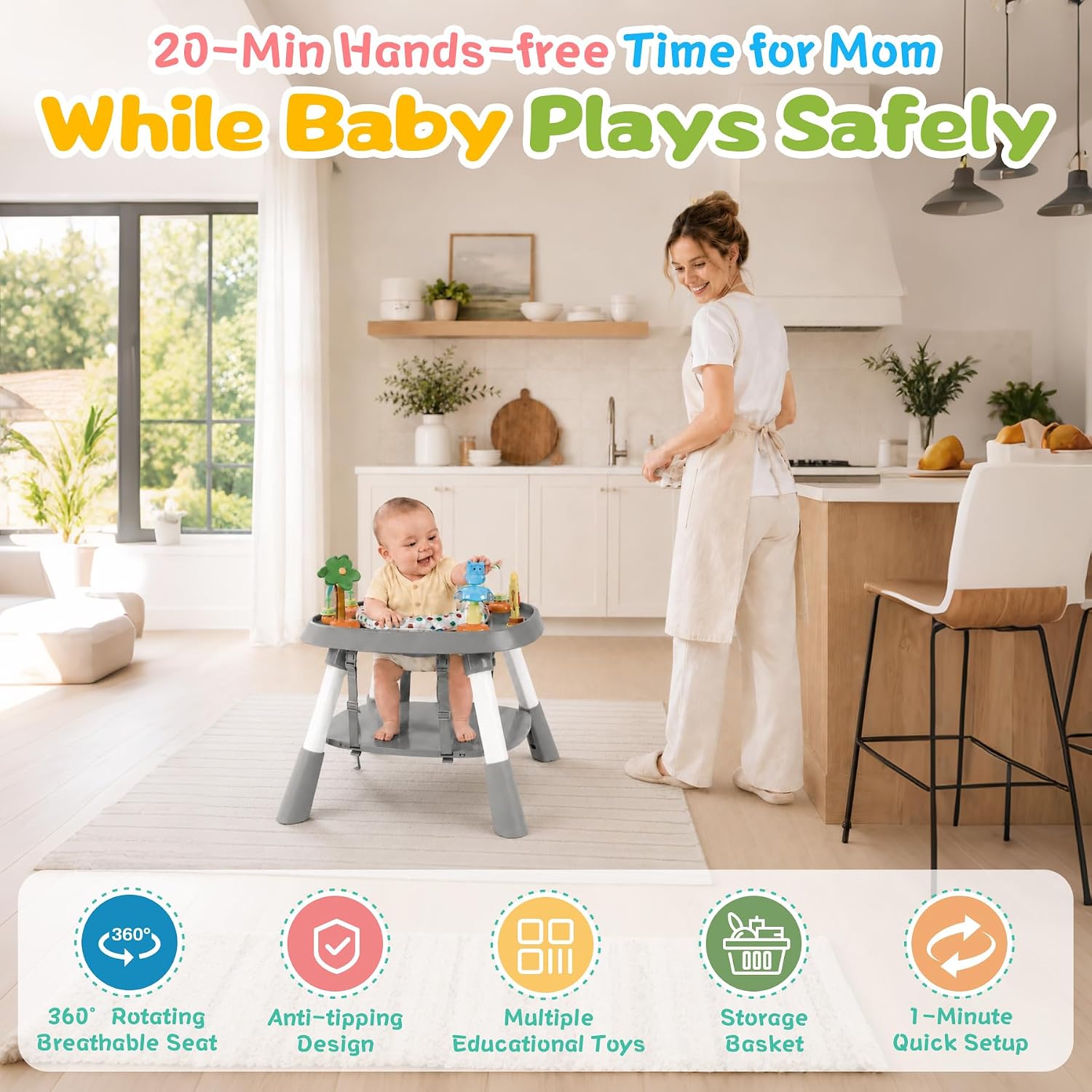 6-in-1 Baby Activity Center Stationary Standing Activity Table Light White | Grows 6-12-36M! 4-Stage Montessori Secure-Snap Toys & Hidden Storage. Enjoy 20-min Coffee Time While Toddler Plays Safely.