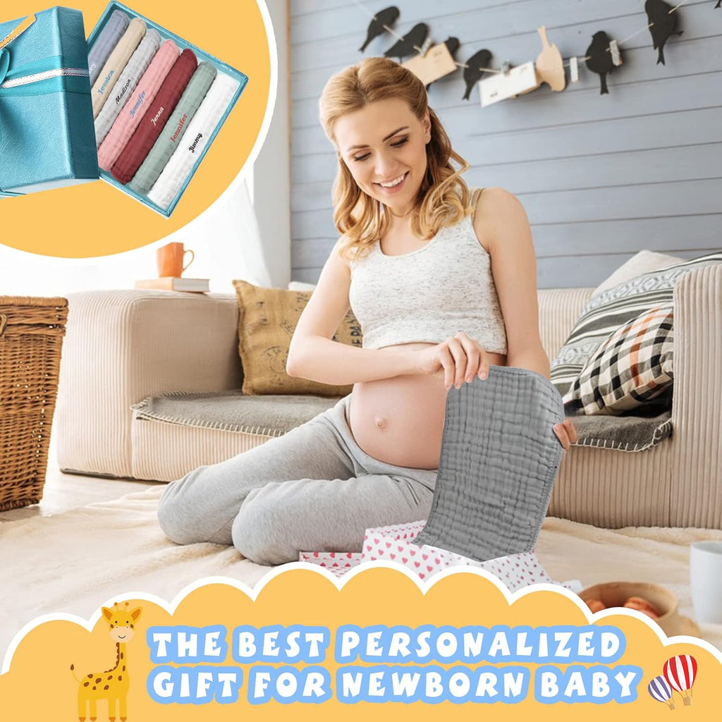 Personalized Muslin Burp Cloths 100% Cotton Baby Washcloths for Boy Girl Baby Essentials 6 Layers Extra Absorbent and Soft Baby Rags for Newborn Registry (20" X10")