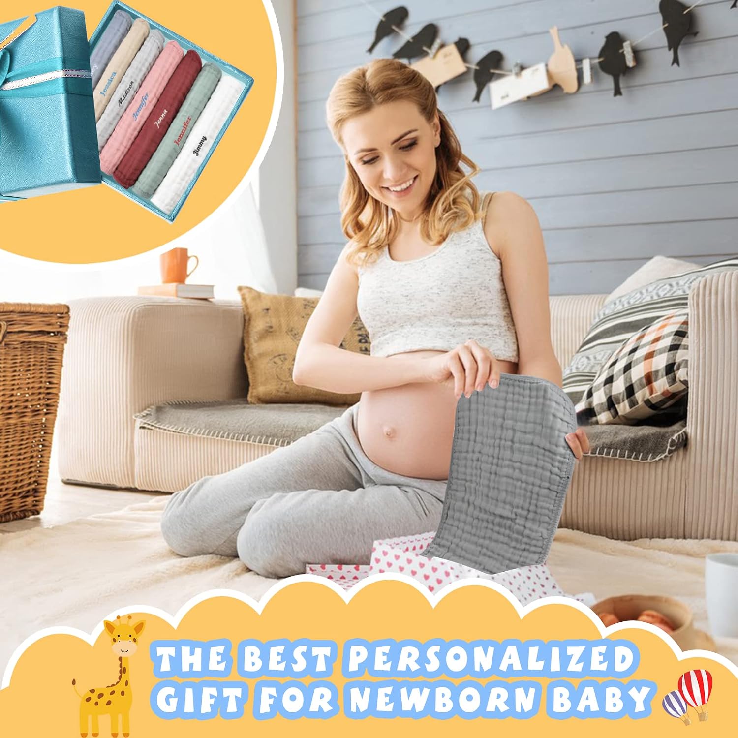Personalized Muslin Burp Cloths 100% Cotton Baby Washcloths for Boy Girl Baby Essentials 6 Layers Extra Absorbent and Soft Baby Rags for Newborn Registry (20" X10")
