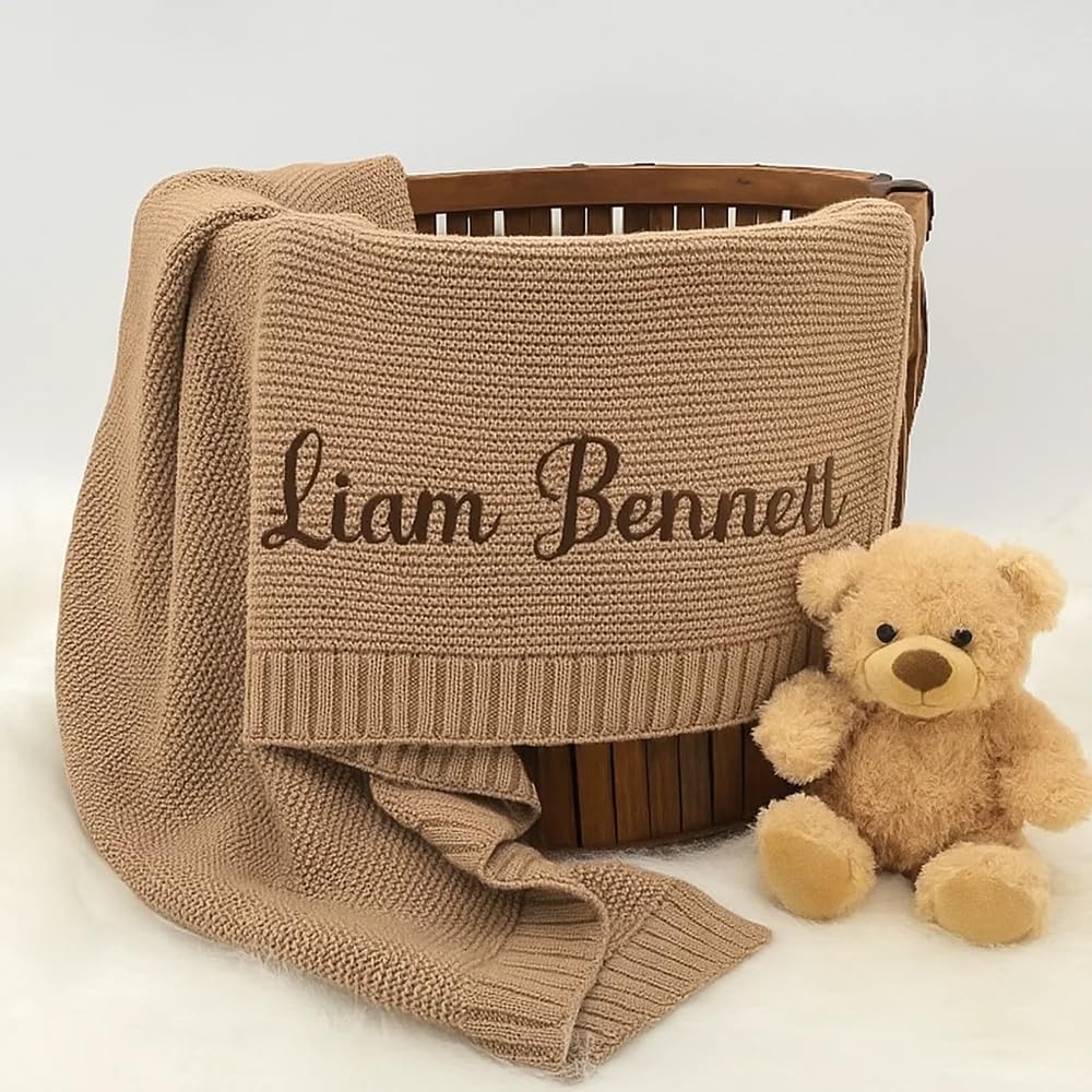 Luxury Personalized Name Baby Blanket, Hand-Embroidered Name Baby Blanket, Soft Breathable Cotton Knit Kids Blankets, Newborn Kid Gift, New Mom Gifts, Newborn Kids Girl & Boy Gift 10