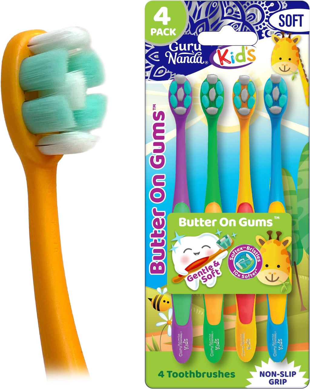 GuruNanda Kids Toothbrush with Suction Cup & Fun Animal Designs - Soft Bristles for Healthy Gums- Non-Slippery & Mess-Free Toothbrush, 3+ Age- 4 Count