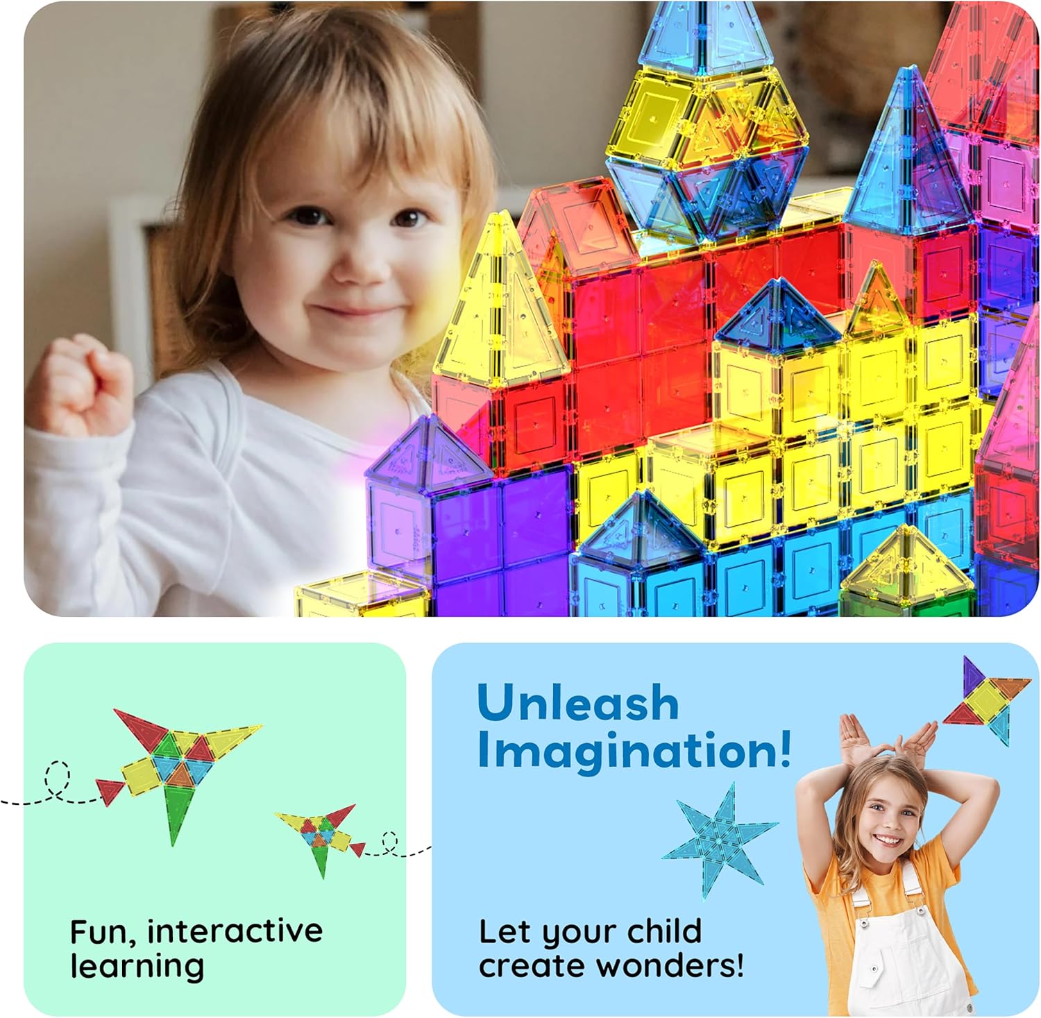 PicassoTiles 100 Piece Magnetic Tiles, Clear 3D Building Blocks for Kids 3+ | No-limit scalable builds, hands-on magnet polarity fun, family group play, quick assemble & store, shape & color recognition
