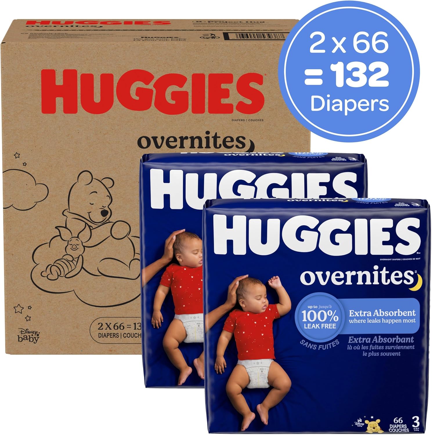 Huggies Overnites Diapers Size 3, 132 Count (2 Packs of 66)