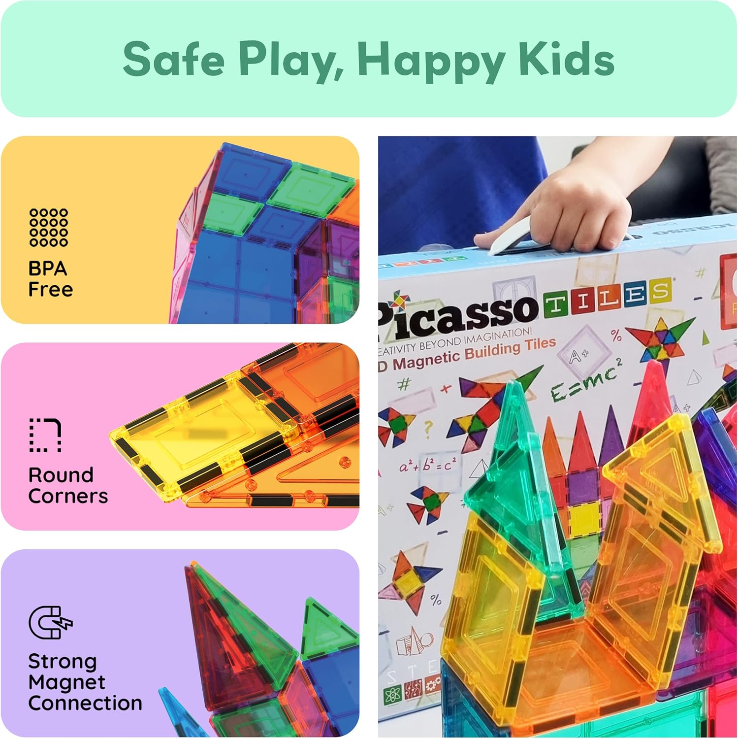 PicassoTiles 100 Piece Magnetic Tiles, Clear 3D Building Blocks for Kids 3+ | No-limit scalable builds, hands-on magnet polarity fun, family group play, quick assemble & store, shape & color recognition