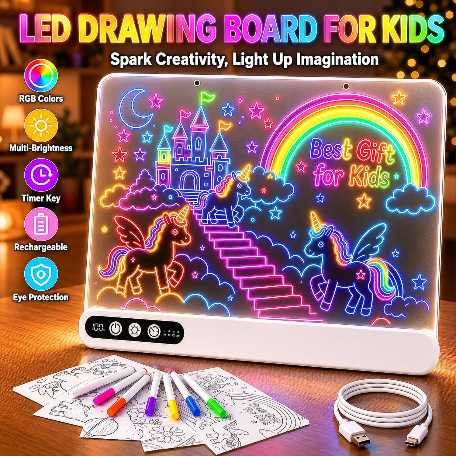 Led Drawing Board with 14 Light Effects,16" Rechargeable Glow Doodle Led Note Board with Colorful Markers,Neon Art Dry Erase Doodle Glow Drawing Tablet,Chritmas Birthday Festival Gifts for Kid (White)