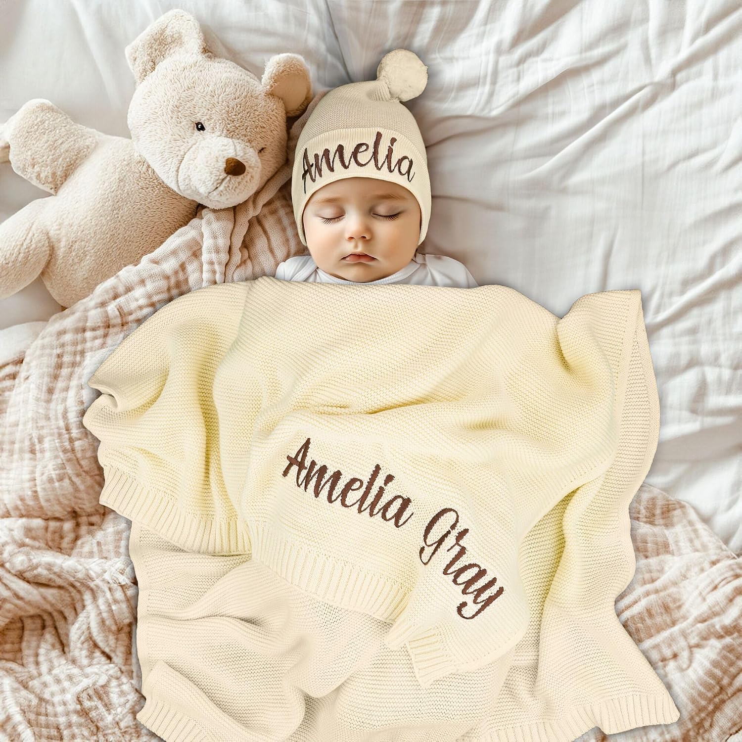 Personalized Baby Blanket with Name, GOTS Organic Custom Baby Blanket | Customized in the USA, 30 x 40 in Soft Lightweight Cotton Knit Receiving Blanket Newborn Baby Gift for Boy and Girl