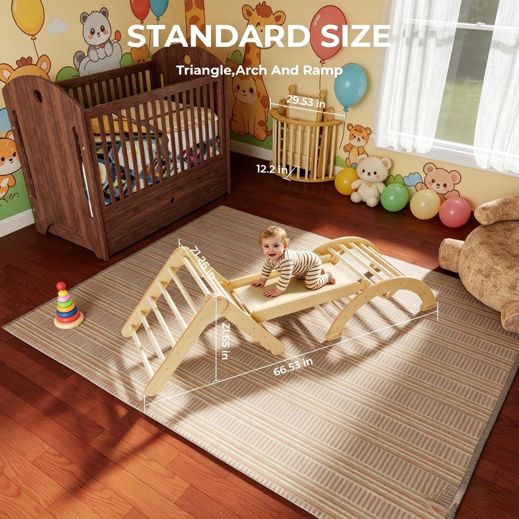 Pikler Triangle Set Montessori: Solid Wood Indoor Climbing Gym with Climbing Ramp Arch Slide for Toddlers Kids Home Playground 1-6 Years