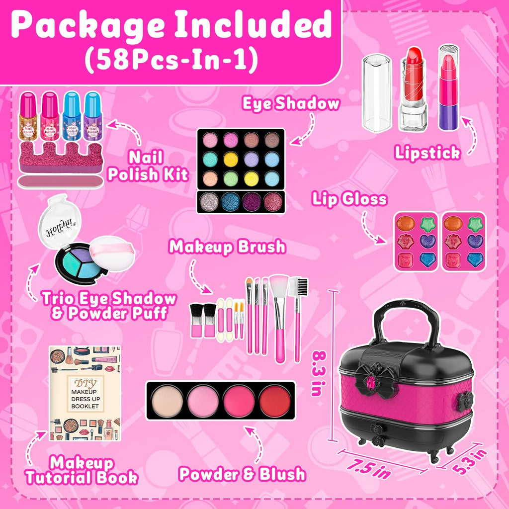 Hollyhi 58 Pcs Kids Makeup Toys Kit for Girls, Real Washable Make Up Set