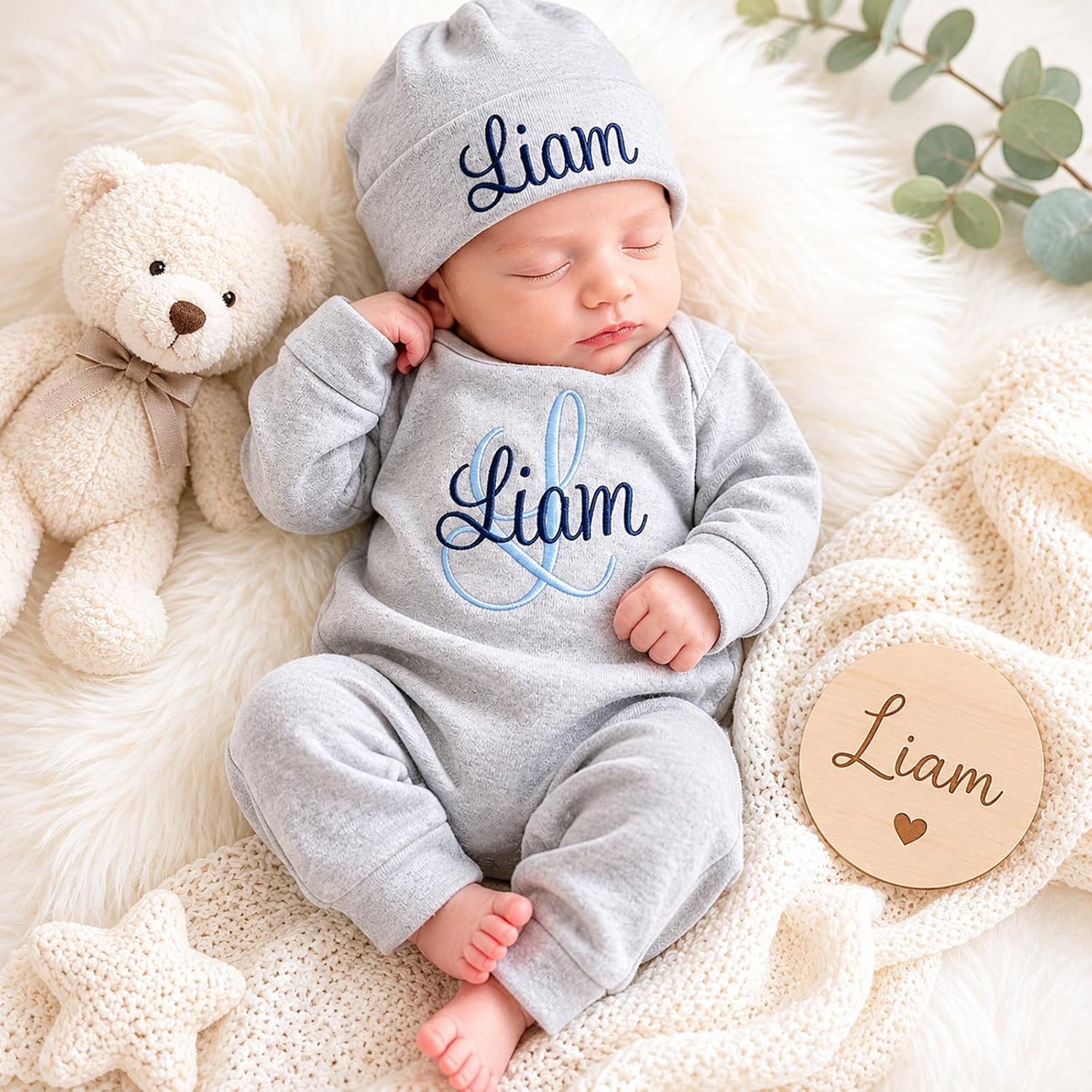 Custom Name Baby Romper Bodysuit Set Personalized Embroidery Newborn Coming Home Outfit with Hat, Soft Cotton Infant Sleepwear for Baby Shower Pregnancy Reveal