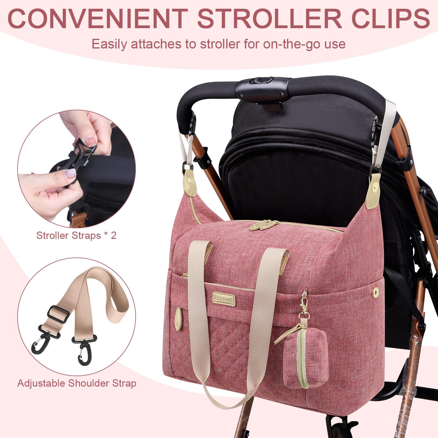 Pritent Diaper Bag Tote Waterproof Maternity Baby Bags with Pacifier Case | M-Black,Removable Shoulder Strap, Stroller Clips,Insulated Pocket,for Mom & Dad, Travel, Maternity, Labor and Delivery