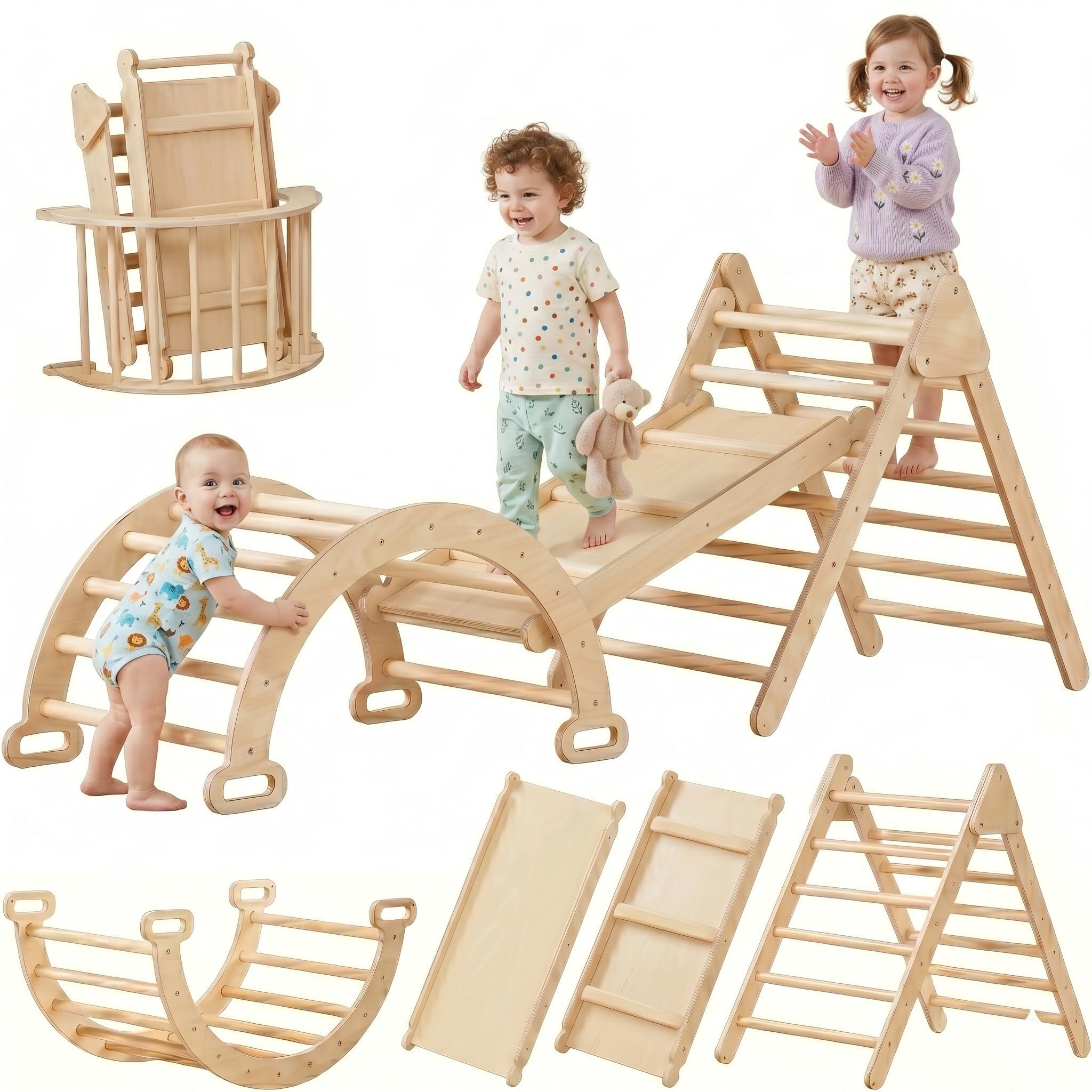Pikler Triangle Set Montessori: Solid Wood Indoor Climbing Gym with Climbing Ramp Arch Slide for Toddlers Kids Home Playground 1-6 Years