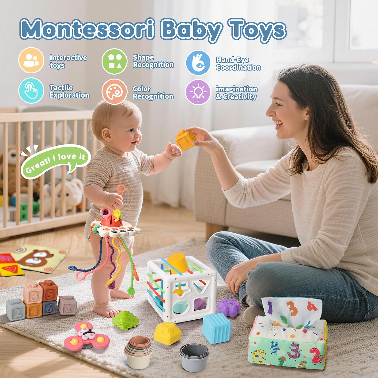 6 in 1 Montessori Baby Toys for 6-12 Months — Pull String Toy, Sensory Bin, Stacking Cups, Tissue Box, Suction Cup Spinner, Stacking Blocks, Infant Gift Set for 1-3 Year Old Boy Girls