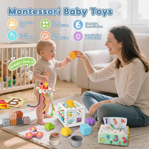 6 in 1 Montessori Baby Toys for 6-12 Months — Pull String Toy, Sensory Bin, Stacking Cups, Tissue Box, Suction Cup Spinner, Stacking Blocks, Infant Gift Set for 1-3 Year Old Boy Girls