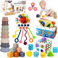 6 in 1 Montessori Baby Toys for 6-12 Months — Pull String Toy, Sensory Bin, Stacking Cups, Tissue Box, Suction Cup Spinner, Stacking Blocks, Infant Gift Set for 1-3 Year Old Boy Girls
