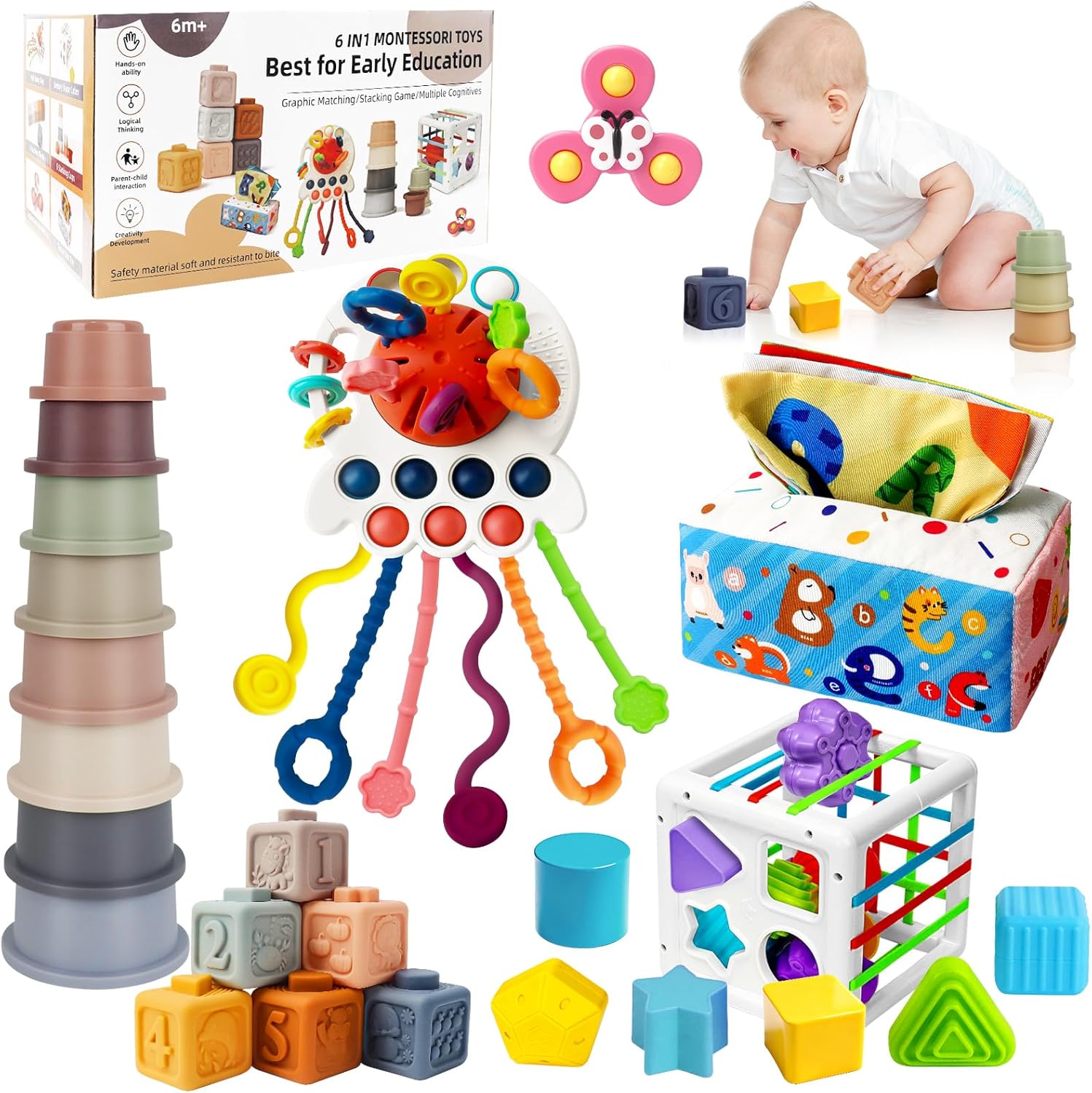 6 in 1 Montessori Baby Toys for 6-12 Months — Pull String Toy, Sensory Bin, Stacking Cups, Tissue Box, Suction Cup Spinner, Stacking Blocks, Infant Gift Set for 1-3 Year Old Boy Girls
