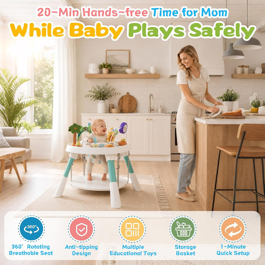 6-in-1 Baby Activity Center Stationary Standing Activity Table Light White | Grows 6-12-36M! 4-Stage Montessori Secure-Snap Toys & Hidden Storage. Enjoy 20-min Coffee Time While Toddler Plays Safely.