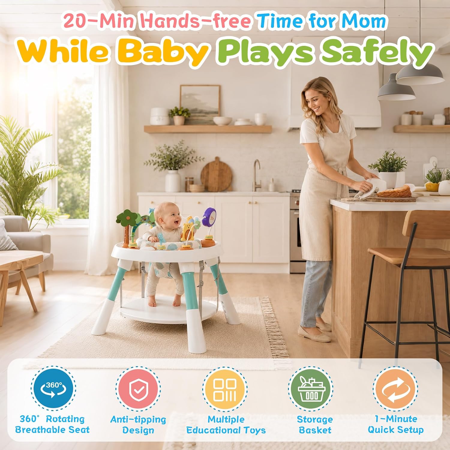 6-in-1 Baby Activity Center Stationary Standing Activity Table Light White | Grows 6-12-36M! 4-Stage Montessori Secure-Snap Toys & Hidden Storage. Enjoy 20-min Coffee Time While Toddler Plays Safely.
