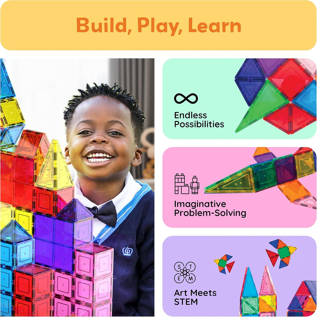 PicassoTiles 100 Piece Magnetic Tiles, Clear 3D Building Blocks for Kids 3+ | No-limit scalable builds, hands-on magnet polarity fun, family group play, quick assemble & store, shape & color recognition