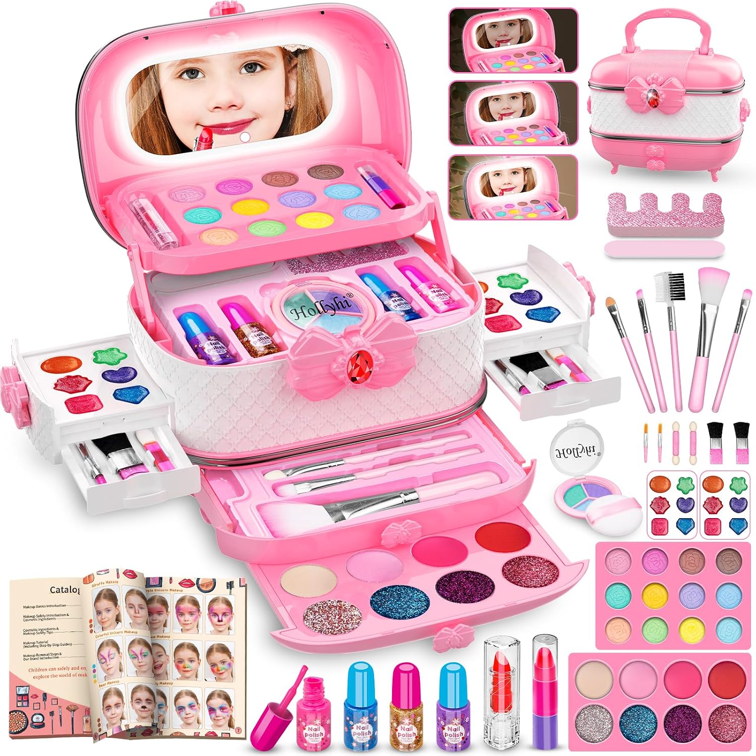 Hollyhi 58 Pcs Kids Makeup Toys Kit for Girls, Real Washable Make Up Set