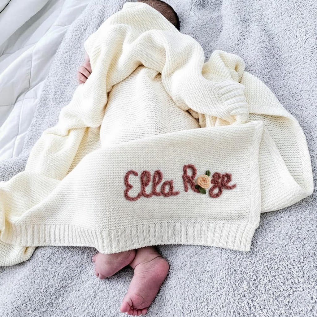 Luxury Personalized Name Baby Blanket, Hand-Embroidered Name Baby Blanket, Soft Breathable Cotton Knit Kids Blankets, Newborn Kid Gift, New Mom Gifts, Newborn Kids Girl & Boy Gift 10